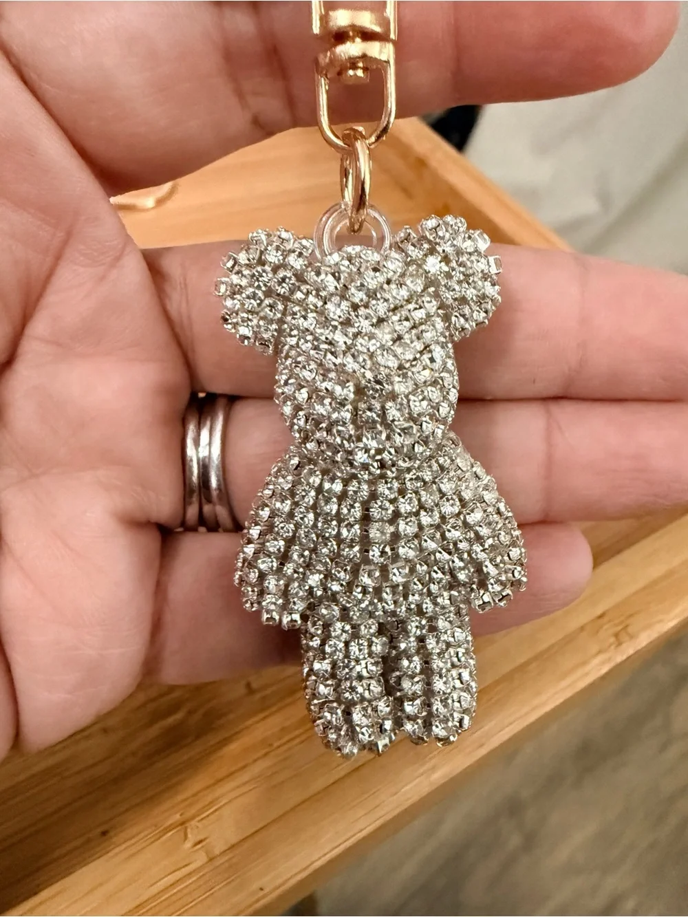 Crystal Teddy Bear Keychain Wristlet - Sparkling Silver